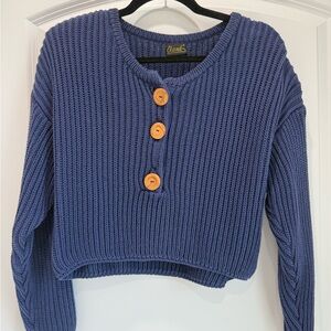 Elan Blue Crew Neck Sweater with Ribbed Texture